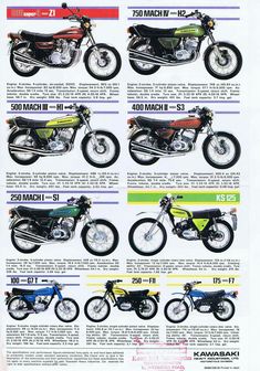 an advertisement for the kawasaki motorcycle company shows different motorcycles and their price tags on it