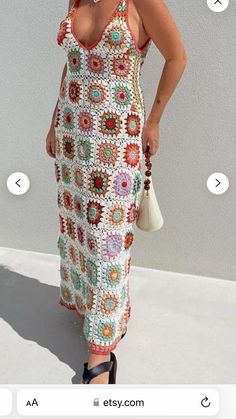 Bohemian Granny Square Dresses, Bohemian Dresses With Granny Square Details, Fitted White Crochet Top With Granny Square, Beach Lace Dress In Multicolor, Fitted White Crochet Top With Granny Square Details, Multicolor Granny Square Crochet Dress, Granny Square Crochet Dress, Crochet Dress Long, Crochet Granny Square Dress