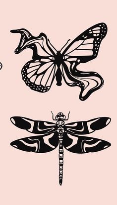 three black and white dragonflys on a pink background, each with different designs