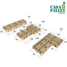 three wooden pallets are shown with measurements