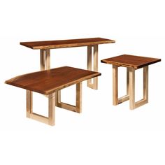 two wooden tables sitting next to each other