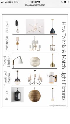 a poster with different types of lamps and lighting fixtures on it's sides, including the