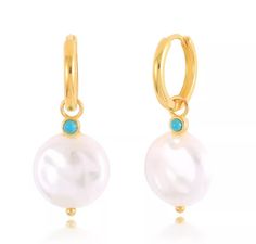 These earrings come in gold & silver. They are made out of high quality 18k gold plated on sterling silver. They feature beautiful circle freshwater pearls and a dainty turquoise stone. They will never tarnish and are 100% hypoallergenic for people with sensitive skin.  They make great gifts and wonderful self-purchase treats. ✨ Material: 18K Gold Plated on Sterling Silver ✨ Diameter: 10 mm (1 cm) ✨ Gemstone: Freshwater pearls ✨ Tarnish Free  ✨ No Nickel & Lead ✨ Closure: Huggie clasp  More styles here https://www.etsy.com/uk/shop/SatisjewelleryStore * * --- ✤ P A C K A G I N G ✤---  **   Packaged in a stylish white suede jewellery pouch with a black ribbon. Perfect for gifting.   * * --- ✤ R E F U N D S &  R E T U R N S ✤---  **   ACCEPTED. Full refunds and returns accepted if you are not Gold Plated Huggie Jewelry With Pearl Charm, Gold Plated Hoop Earrings With Pearl Charm For Gifts, Elegant Huggie Earrings As A Gift For Her, Dainty Huggie Jewelry With Pearl Drop, Elegant Adjustable Dangle Huggie Earrings, Elegant Hypoallergenic Hoop Earrings As Gift For Her, Tarnish Resistant Huggie Pearl Earrings For Gift, Tarnish-resistant Huggie Pearl Earrings Gift, Elegant Huggie Jewelry As Gift For Her