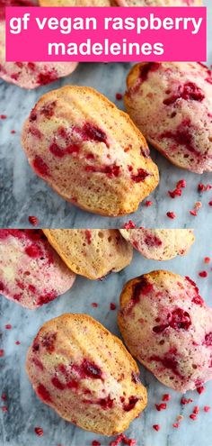 raspberry muffins with text overlay that reads gf vegan raspberry madeelines