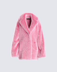 Wrap yourself in a pink cloud with this faux fur coat designed for an oversized fit and complete with long sleeves and front pockets ☁️ Make it known you're classy... but sassy 💖 Note: this coat has a unisex, oversized fit and we recommend going down a size for a regular fit! Fluffy Pink Outerwear For Spring, Fluffy Pink Spring Outerwear, Trendy Fluffy Long Sleeve Fur Coat, Trendy Long Sleeve Fluffy Fur Coat, Pink Fluffy Winter Outerwear, Pink Faux Fur Lined Coat For Winter, Pink Faux Fur Coat For Winter, Pink Fur Coat With Faux Fur Lining For Winter, Pink Fluffy Long Sleeve Fur Coat