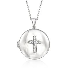 Ross-Simons - .10ct t. w. Diamond Cross Locket Necklace in Silver. 18". Sparked with .10 ct. t. w. round diamonds arranged in a classic cross, our stylish circle locket gleams in polished sterling silver and opens to reveal an 11/16" photo inside. Suspends from a rope chain with a 2" extender. Springring clasp, diamond cross locket necklace. Diamond birthstones are the perfect gift for April birthdays. Circle Locket, Cross Locket, Diamond Locket, Diamond Birthstone, Necklace Diamond, Fine Jewelery, Silver Lockets, Diamond Cross, Fine Jewellery Necklace