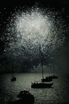 fireworks in the sky over boats on water