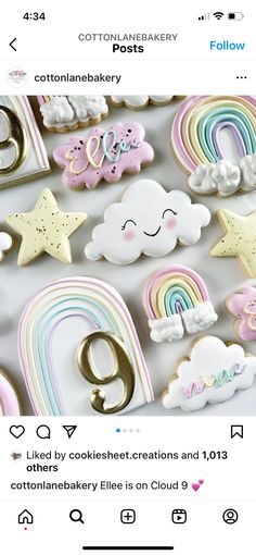 cookies decorated with rainbows, clouds and stars are displayed on the instagram page