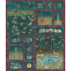 a quilted wall hanging with animals and trees in the woods on it's sides