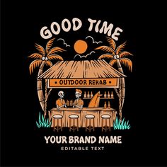 an outdoor bar with skeletons and palm trees on the black background for your brand name