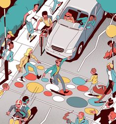 an illustration of people crossing the street in front of a car, and balloons floating above them