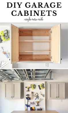 DIY garage cabinets for a garage wall Diy Wall Cabinets Build, Wall Cabinets Garage, Using Old Kitchen Cabinets In Garage, Garage Wall Cabinets Diy, Diy Garage Storage Cabinets Wall, Garage Upper Cabinets, Plywood Garage Cabinets, Diy Shop Cabinets, Garage Cabinet Ideas