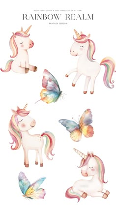 watercolor unicorns and butterflies are featured in this image with the words rainbow dream on it