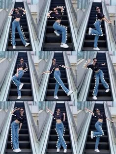 the woman is standing on an escalator and posing for pictures