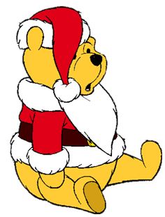 a winnie the pooh christmas bear sitting down wearing a santa claus hat and scarf