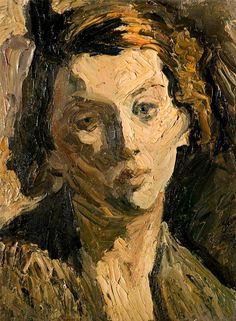 an oil painting of a woman's face in black and brown tones, with her hair pulled back