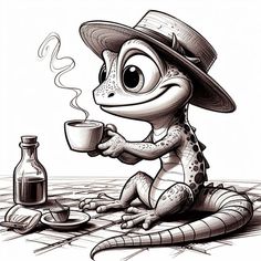 a drawing of a lizard with a cup of coffee in its hand and a bottle next to it