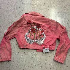 Coral,Pink Cropped Denim Jacket, Painted Shark Skull With Red Roses On Back Red Fitted Denim Jacket, Red Fitted Denim Jacket Casual, Red Fitted Casual Denim Jacket, Fitted Red Denim Jacket, Fitted Red Denim Jacket Casual, Pink Denim Jacket For Spring Streetwear, Trendy Pink Cotton Outerwear, Pink Denim Outerwear For Streetwear, Fitted Red Denim Jacket With Long Sleeves