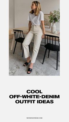 Off White Jeans Outfit Aesthetic, Styling Off White Jeans, White Denim Outfit Summer, Cream Denim Pants Outfit, Ecru Denim Outfit, White Denim Pants Outfit Summer, White Jeans Outfit Summer Street Style