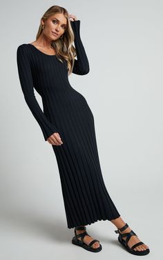 Blaire Midi Dress - Long Sleeve Tie Back Flare Dress in Black | Showpo USA Sleek Ribbed Dress For Fall, Sleek Ribbed Fall Dress, Long Sleeve Viscose Maxi Dress For Fall, Black Ribbed Long Sleeve Maxi Dress, Chic Fall Dress With Scoop Neck, Black Long Sleeve Viscose Maxi Dress, Black Long Sleeve Midi Dress, Long Midi Dress, Sleeve Midi Dress