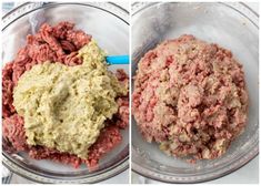 two pictures showing ground beef and meat mixture in a bowl