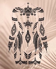 a woman's body is shown in black and white, with intricate designs on it