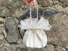 🔘 This Elegant Satin Ruffle bag is ideal for the wedding day, night out, party, special occasion, brides, bridesmaids, mothers of the bride, or any formal fun. 🔘 This bag has an elastic opening and a stiff bottom.   🔘 Please contact for a custom order. 🔘 Material: Satin fabric, lace. The lining fabric is the same fabric as on the outside.  🔘 Measurements: - The bottom diameter is 12 cm/4.7 inches. - Height comes in 3 different measurements and the height was measured until the ruffles and e Wedding Pouch Bag For Bride, Bride Bag For Wedding Day, Wedding Purse For Bride, Wedding Bag For Bride, Ruffle Bag, Victorian Shabby Chic, Lace Purse, Ruffles Bag, Satin Purses