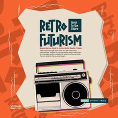 an advertisement for the retro futurism radio show, featuring a boombox and speakers