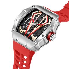 PRODUCT DESCRIPTION Make a bold statement with the Silver/Red Motorsport V2 Automatic Watch. This stylish automatic watch pays homage and gets design inspiration from the RM watch, with its tonneau barrel shape silhouette making a strong impression with great wrist presence. Show off your style and confidence with this watch. WATCH SPECIFICATIONS: Case Diameter: 44 mm Thickness: 16mm Band Length: 245 mm Band Width: 25mm _____ Case Material: 316L Carbon Stainless Steel tonneau barrel shape watch Modern Red Watch With Rectangular Dial, Luxury Red Analog Display Watch, Modern Red Rectangular Watch, Modern Red Chronograph Watch With Subdials, Modern Rectangular Outdoor Watch, Luxury Red Automatic Chronograph Watch, Luxury Red Chronograph Watch With Analog Display, Modern Red Watches With Subdials, Modern Red Watch Accessories With Subdials