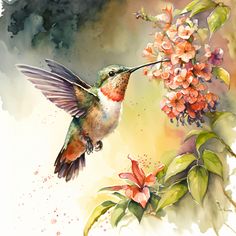 a watercolor painting of a hummingbird feeding from a branch with red and pink flowers