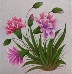 a painting of pink flowers and green leaves