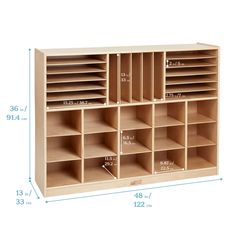 a large wooden storage cabinet with eight compartments and measurements for each compartment, including the bottom section