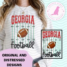 a woman wearing a football shirt with the word georgia on it and an image of a football