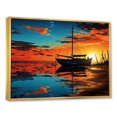 a painting of boats in the water at sunset with clouds and sun setting behind them