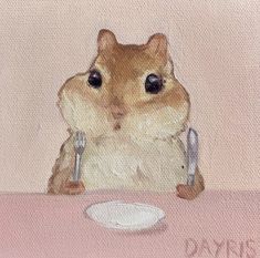 a painting of a hamster sitting at a table with utensils in front of it