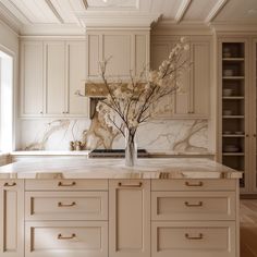 an elegant kitchen with marble counter tops and white cabinetry is pictured in this image