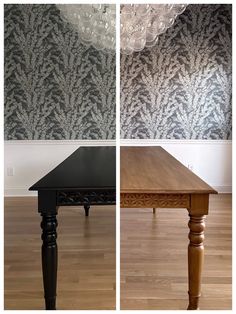 three different views of a table and wallpaper