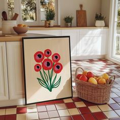 a basket full of fruit sitting on top of a kitchen floor next to a painting