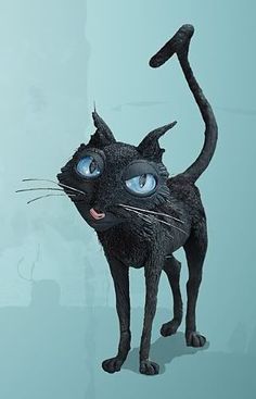 a black cat with blue eyes and an evil look on its face, standing in front of a light blue background