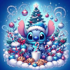 a cartoon christmas scene with an elephant holding a milkshake