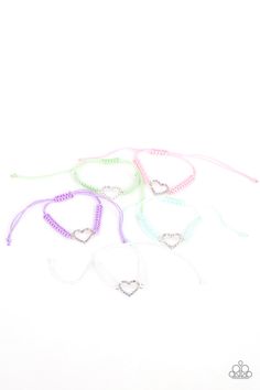 Infused with iridescent rhinestone encrusted heart frames, the colorfully layered bracelets vary in shades of pink, green, purple, blue, and white. Bracelets feature adjustable sliding knot closures. 5 bracelet set. P9SS-MTXX-274XX Note from Bee: The children's jewelry is hypoallergenic - and most are adjustable (or stretchy). We do not offer necklaces (for safety reasons). Browse the category to see all the cuteness available. To save you on shipping, these are being sold in sets of 5. The piec Slip Knot Bracelets, Adjustable Sliding Knot, Sliding Knot Closure, Slide Bracelet, Turquoise Bead Bracelet, Bracelet Kits, Purple Pearl, White Bracelets, Heart Frame