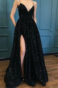 Spaghetti Straps Sequin Prom With Split Black Long Evening Dress - Prom Dresses Black Lace Evening Dress, School Dance Dresses, Winter Formal Dresses, Prom Dresses With Pockets, Black Prom, Professional Dresses, Black Prom Dresses, Party Gowns, Long Prom Dress