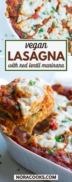 vegan lasagna with red lentil marinara in a casserole dish