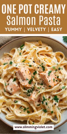 one pot creamy salmon pasta is an easy and delicious dinner that's ready in under 30 minutes