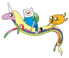 adventure time riding on a rainbow horse with finn and cat in the back cartoon character