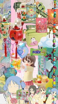 an anime collage with many different things in the background, including food and decorations