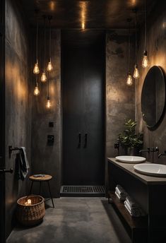 22 Inspiring Dark & Moody Bathroom Designs for Your Next Remodel Master Ensuite Bathroom Moody, Moody Dark Wallpaper, Dark Western Bathroom, Moody Spa Bathroom, Bathroom Ideas Wooden, Home Inspo Aesthetic, Bathroom 2024 Design Trends, Dark And Moody Bathrooms, Marble And Wood Bathroom