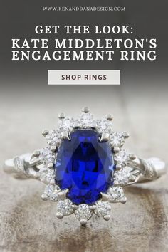 an engagement ring with a blue stone surrounded by diamonds and the words get the look kate middleton's engagement ring shop rings