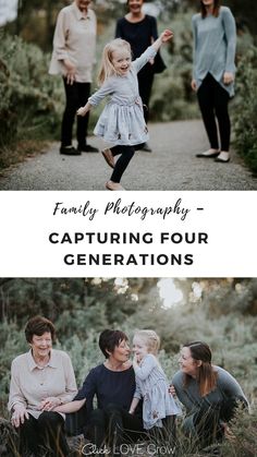 family photoshopping captioned for generations with text overlay that reads family photography capturing four generations