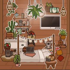 the room is decorated with plants and other things to decorate on the wall above the bed